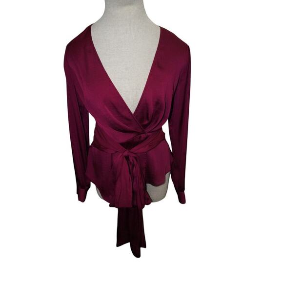 Anthropologie Moulinette Soeurs Burgundy Satin Wrap Blouse – Deep V Long Sleeve - Picture 4 of 14